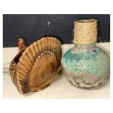Vintage Ceramic Turkey Planter and Rustic Twine-Wrapped Vase