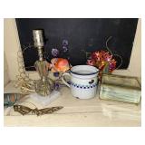 Decorative Tabletop Set with Crystal Lamp, Metal Butterfly, Sea Life Ornaments, Glass Box, and Ceramic Pitcher