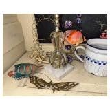 Decorative Tabletop Set with Crystal Lamp, Metal Butterfly, Sea Life Ornaments, Glass Box, and Ceramic Pitcher