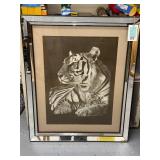 Large Tiger Print in Mirrored Frame, 33x26 Inches