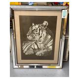 Large Tiger Print in Mirrored Frame, 33x26 Inches