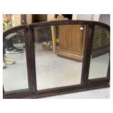 Vintage Three-Panel Wooden Framed Mirror with Decorative Top