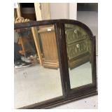 Vintage Three-Panel Wooden Framed Mirror with Decorative Top