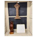 Group of 3 Decor and Craft Items: Woven Hanging Lamp, Wood Sculpture, Knitting Needle Set