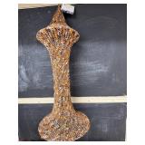Group of 3 Decor and Craft Items: Woven Hanging Lamp, Wood Sculpture, Knitting Needle Set