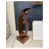 Group of 3 Decor and Craft Items: Woven Hanging Lamp, Wood Sculpture, Knitting Needle Set