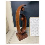 Group of 3 Decor and Craft Items: Woven Hanging Lamp, Wood Sculpture, Knitting Needle Set