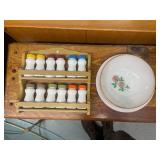Set of 12 Vintage Japan Porcelain Spice Jars with Rack and Decorative Bowl
