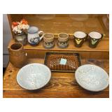 Collection of Artisan Pottery Bowls, Vase, French Serving Dish, and Mugs