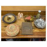 Eclectic Home Decor Collection with Pottery, Woven Basket, Metal Tray, and Decorative Boxes