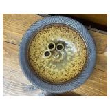 Eclectic Home Decor Collection with Pottery, Woven Basket, Metal Tray, and Decorative Boxes