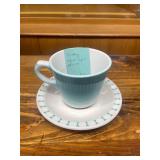 Collection of Vintage Kitchenware Including Federal Glass Mugs, Italian Trivet, Shenango Cup and Saucer, and Blue Thermos