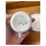 Collection of Vintage Kitchenware Including Federal Glass Mugs, Italian Trivet, Shenango Cup and Saucer, and Blue Thermos