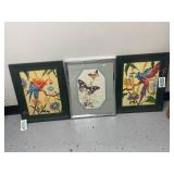 Set of 3 Framed Wall Art Pieces Featuring Parrots and Butterflies