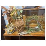 Lot of Vintage Brass Leaf Wall Sconce, Faux Plant Arrangements and Wreath Decor