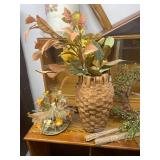 Lot of Vintage Brass Leaf Wall Sconce, Faux Plant Arrangements and Wreath Decor