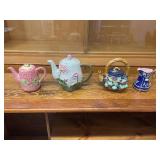 Set of 3 Decorative Ceramic Teapots and Pitcher with Floral Motifs