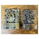 Set of 2 Carved Stone Panels with Dragon and Phoenix Motif and Red Buddha Figure