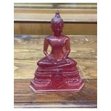 Set of 2 Carved Stone Panels with Dragon and Phoenix Motif and Red Buddha Figure