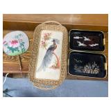 Asian-Inspired Decor Lot with Fan, Woven Tray, and 2 Metal Trays