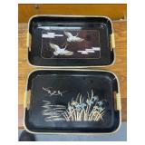 Asian-Inspired Decor Lot with Fan, Woven Tray, and 2 Metal Trays