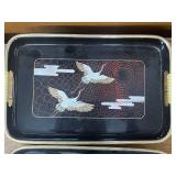 Asian-Inspired Decor Lot with Fan, Woven Tray, and 2 Metal Trays