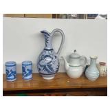 Assorted Vintage Pottery Collection Including Goebel Teapot, Hand-Painted Pitcher, and Vases
