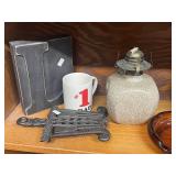 Collection of Vintage Decor Items Including Bust, Bottles, Iron Trivets and Lanterns