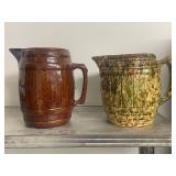 Pair of Vintage Stoneware Pitchers Barrel and Green Pattern