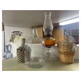 Collection of 4 Vintage Bottles and Amber Glass Oil Lamp