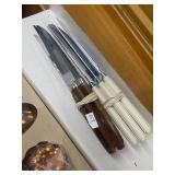 Vintage Flatware Set with Blue and Ivory Handles, Copper Molds, and Two Wooden Divided Trays