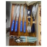 Vintage Flatware Set with Blue and Ivory Handles, Copper Molds, and Two Wooden Divided Trays