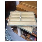 Vintage Flatware Set with Blue and Ivory Handles, Copper Molds, and Two Wooden Divided Trays