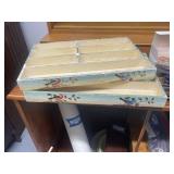 Vintage Flatware Set with Blue and Ivory Handles, Copper Molds, and Two Wooden Divided Trays