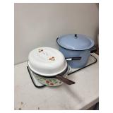 Assorted Vintage Enamelware Pots, Pans, and Bakeware Collection