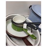 Assorted Vintage Enamelware Pots, Pans, and Bakeware Collection
