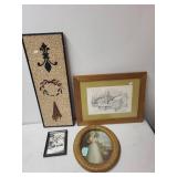 Vintage Wall Decor Lot with Wicker Mirror, Framed Art, and Antique Sign