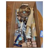 Collection of Vintage Kitchen Utensils, Cutlery, and Wooden Napkin Rings