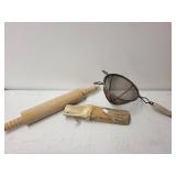 Collection of Vintage Kitchen Utensils, Cutlery, and Wooden Napkin Rings