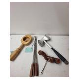 Collection of Vintage Kitchen Utensils, Cutlery, and Wooden Napkin Rings