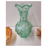 Carnival Glass Decor Set with Iridescent Bowls and Embossed Green Vase
