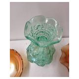 Carnival Glass Decor Set with Iridescent Bowls and Embossed Green Vase