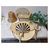 Assorted Woven Basketry Decor Items, Hand Fan, and Floral Arrangement
