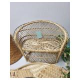 Assorted Woven Basketry Decor Items, Hand Fan, and Floral Arrangement