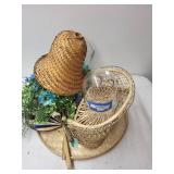 Assorted Woven Basketry Decor Items, Hand Fan, and Floral Arrangement