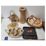 Collection of Woven Baskets and Decorative Metal Trays