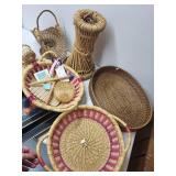 Collection of Woven Baskets and Decorative Metal Trays