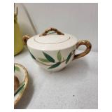 Vintage Tea Set with Yellow Teapot, Bamboo Handle, Cups, Saucers, and Sugar Bowl