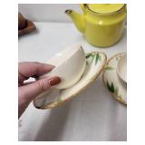 Vintage Tea Set with Yellow Teapot, Bamboo Handle, Cups, Saucers, and Sugar Bowl