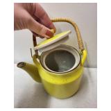 Vintage Tea Set with Yellow Teapot, Bamboo Handle, Cups, Saucers, and Sugar Bowl